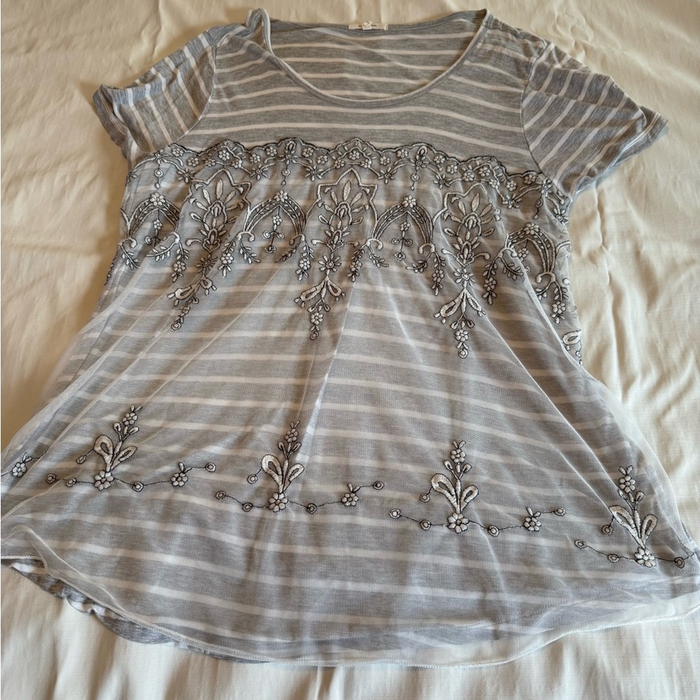 Maurices Gray and White Striped Embroidered Scoop Neck Top with mesh overlay - Picture 2 of 8
